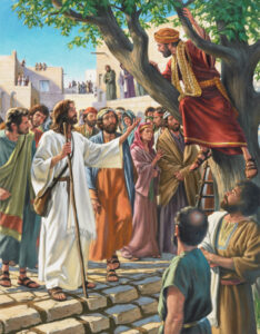 Jesus talks with Zacchaeus who is in a tree